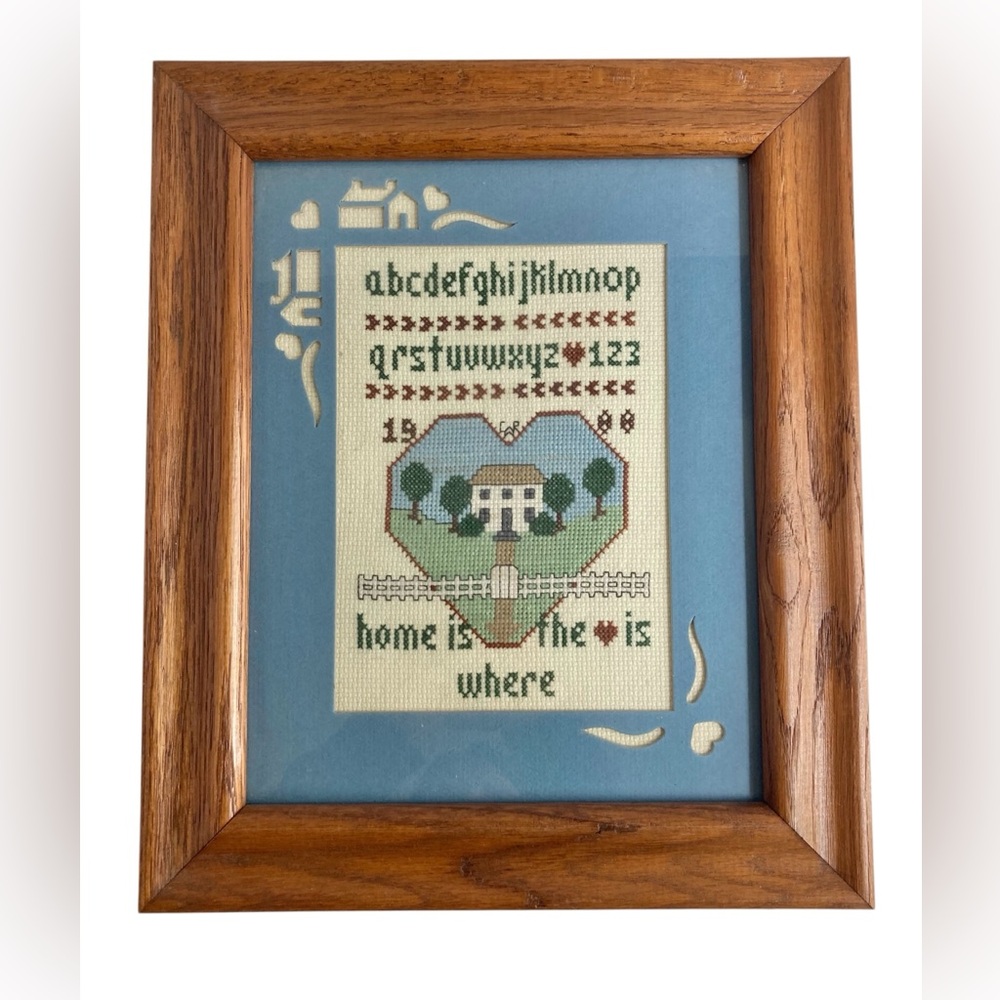 Vintage Home Is Where The Heart Is Cross Stitch Framed Artwork Complete 90s